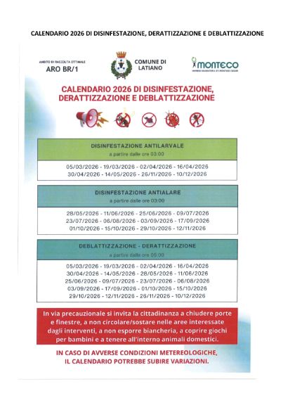 CALENDARIO 2026 DI DISINFESTAZIONE, DERATTIZZAZIONE E DEBLATTIZZAZIONE