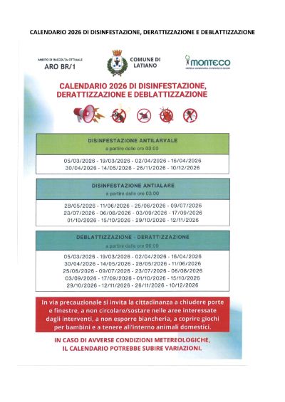 CALENDARIO 2026 DI DISINFESTAZIONE