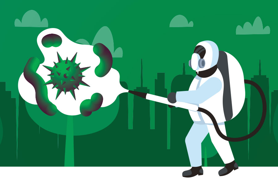 operatore che disinfetta